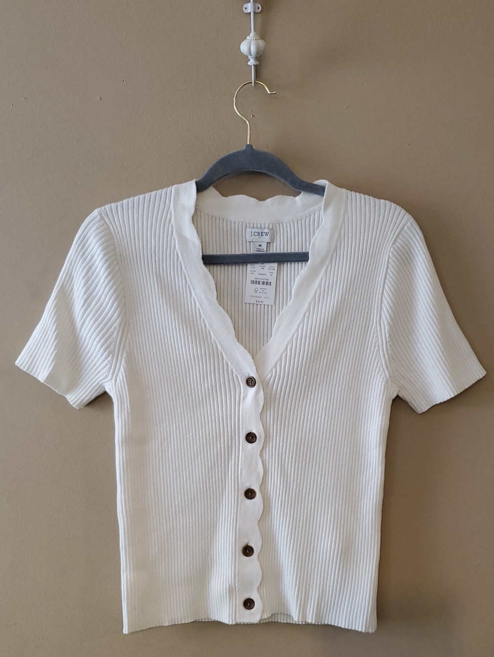 J Crew Short-Sleeve Ribbed Cardigan Sweater Scallop Trim In Ivory Size M NWT'S